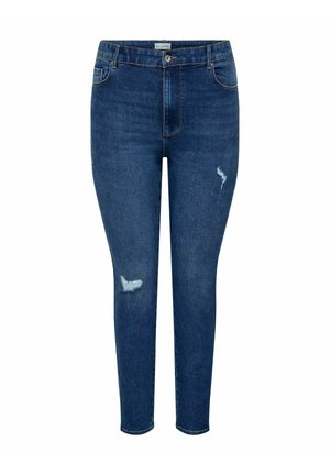 Mørkeblå, høytlivs skinny jeans med knapp og glidelås, med to slitte flekker på venstre lår og høyre kneområde.