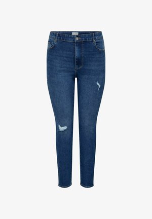 Tamsiai mėlynos aukštu liemeniu siaurutės džinsinės kelnės su saga ir užtrauktuku, kairėje šlaunyje ir dešinėje kelių srityje su dviem nusidėvėjimo pažeidimais.