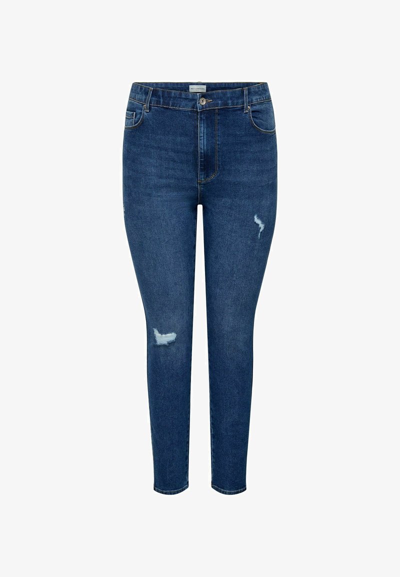 Mørkeblå, høytlivs skinny jeans med knapp og glidelås, med to slitte flekker på venstre lår og høyre kneområde.