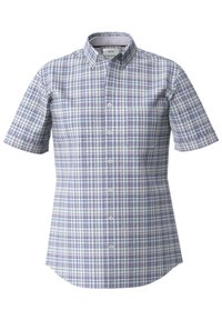 Camisa de manga corta de botones con un diseño a cuadros, en colores púrpura, verde y blanco, con un collar clásico y un corte ajustado.