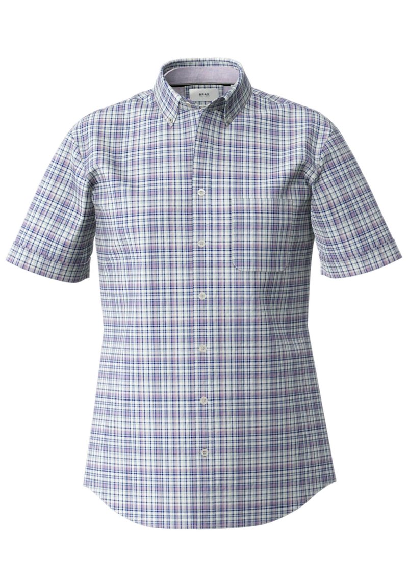 Camisa de manga corta de botones con un diseño a cuadros, en colores púrpura, verde y blanco, con un collar clásico y un corte ajustado.