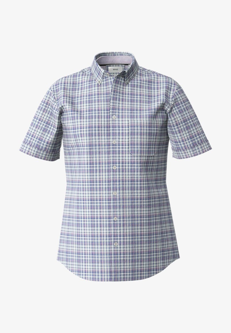 Short-sleeve button-up shirt in a checkered pattern, featuring purple, green, and white colors, with a classic collar and tailored fit.