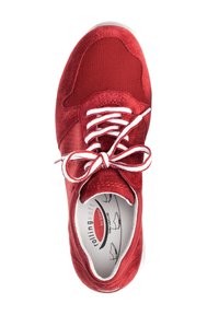 Red athletic shoe featuring a mesh and suede upper, round toe, white laces, and a cushioned insole. Smooth rubber sole.