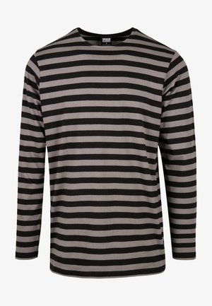 Pilkos ilgomis rankovėmis marškiniai su juodomis horizontaliosiomis juostomis, turintys apvalų iškirpimą ir minkštą, tekstūruotą medvilnės medžiagą.