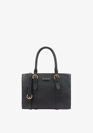Sac à main en cuir noir avec deux poignées courtes et une bandoulière amovible. Présente des accents en métal doré et une fermeture éclair.