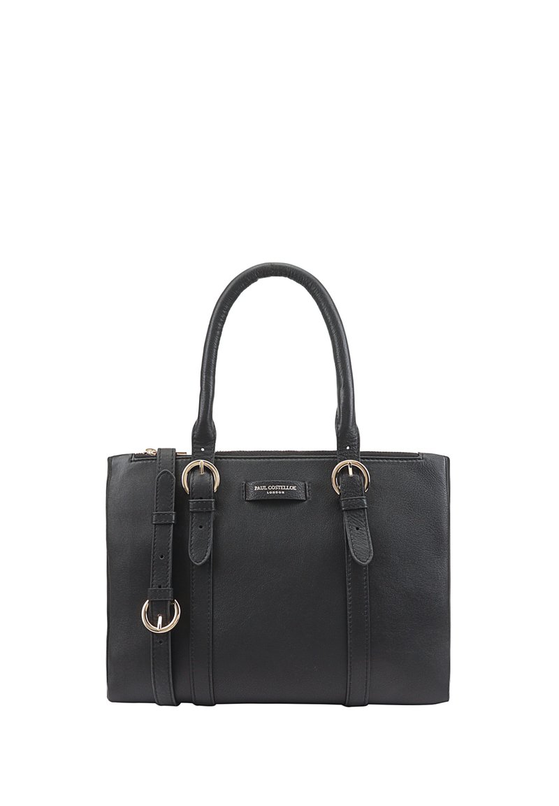 Zwarte leren handtas met twee korte handvatten en een afneembare schouderriem. Voorzien van gouden hardwareaccenten en een ritsluiting.