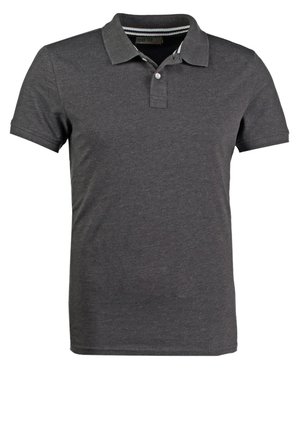 Gray polo shirt made of soft fabric, featuring a classic collar, short sleeves, and a three-button placket. Striped detail inside collar.