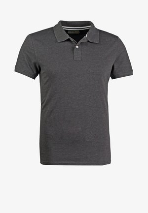 Gray polo shirt made of soft fabric, featuring a classic collar, short sleeves, and a three-button placket. Striped detail inside collar.