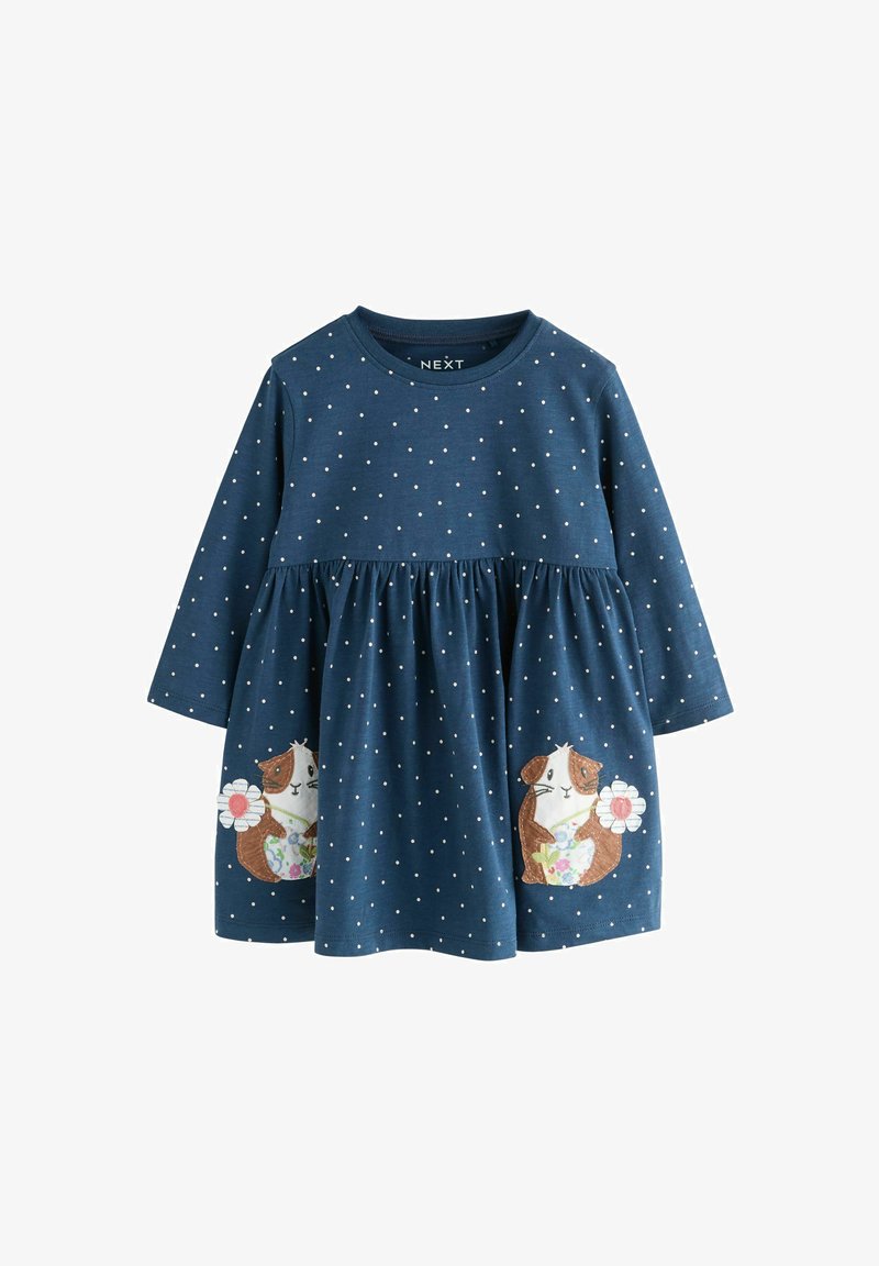 Navyblaues langärmliges Kleid mit weißen Punkten und zwei bestickten Meerschweinchen, die Blumen am Rock halten.