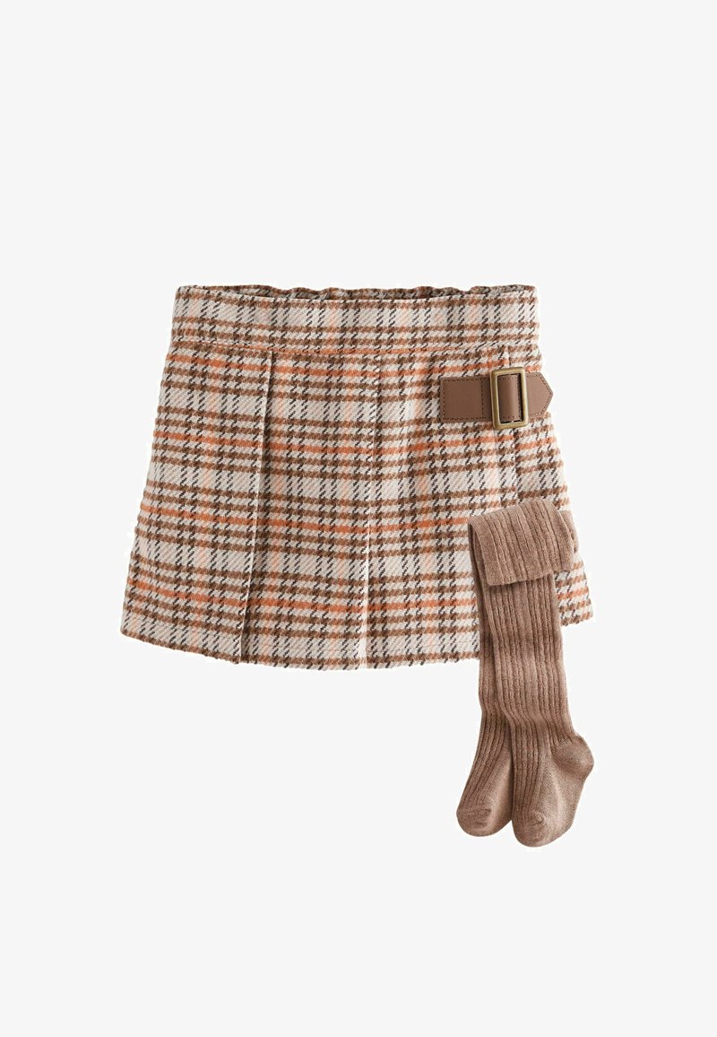 Brunternet ternet mini nederdel med plisseringer, med en spænde detalje. Sammen med ribbede brune strømpebukser. Struktureret vævet stof.