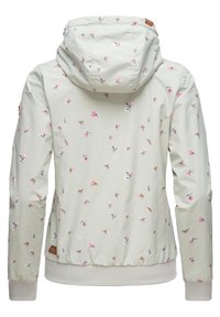 Chaqueta verde claro con capucha, que presenta un patrón floral en rosa y verde. Los puños y la cintura elásticos ofrecen una forma ajustada.