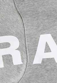 Primer plano de tela gris con letras mayúsculas impresas en blanco "R" y "A" separadas por una costura.