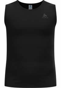 Black sleeveless athletic tank top made of breathable material with a textured surface and subtle logo on the upper left.
