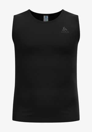 Canotta atletica nera senza maniche realizzata in materiale traspirante, con una superficie testurizzata e un logo discreto in alto a sinistra.