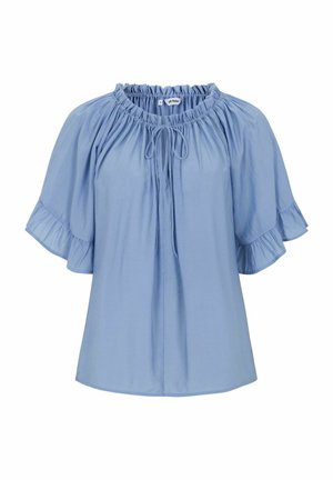 Svijetloplava lepršava bluza s kratkim rukavima s volanima, nabrani izrezom oko vrata i detaljima s prednje strane koji se vežu.