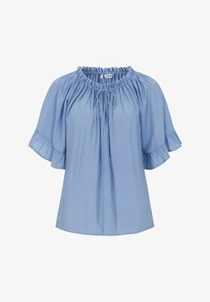 Svijetloplava lepršava bluza s kratkim rukavima s volanima, nabrani izrezom oko vrata i detaljima s prednje strane koji se vežu.