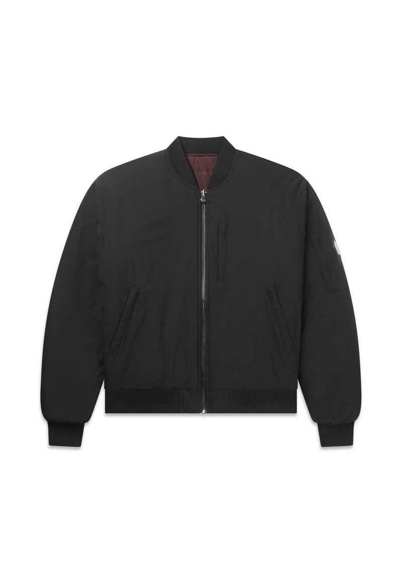 Black bomber jacket with a front zipper, ribbed cuffs and hem, two side pockets, and a single sleeve pocket. Lined with maroon fabric.