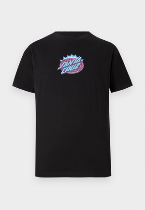 Black cotton t-shirt featuring a retro-style multicolored "Santa Cruz" logo graphic centered on the chest. Short sleeves, classic fit.