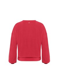 Sudadera roja de gran tamaño con mangas largas y sueltas, cuello redondo y dobladillo ligeramente recortado. Textura suave, diseño casual y un branding mínimo.