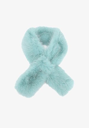 Sciarpa in pelliccia sintetica color turchese chiaro, con una texture morbida e un design sovrapposto che crea un aspetto avvolgente e accogliente.