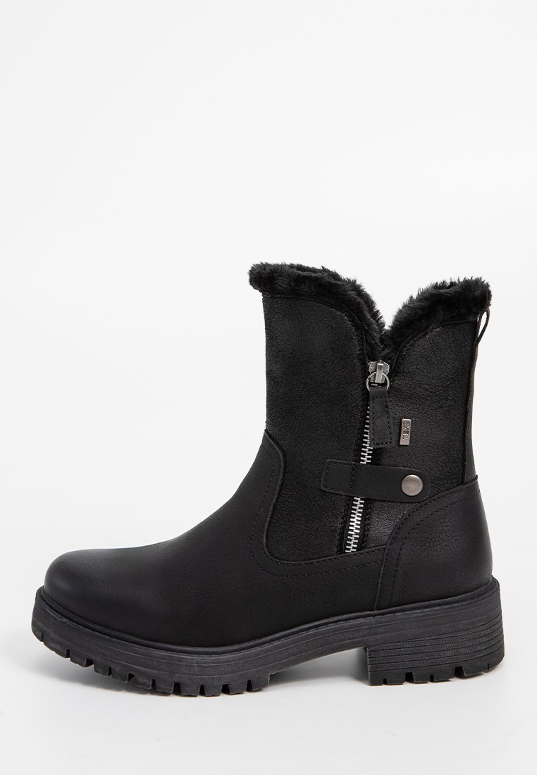 Schwarze Knöchelstiefel mit Kunstfellfutter, seitlichem Reißverschluss, strukturiertem Obermaterial und einer robusten Gummisohle für Grip und Komfort.