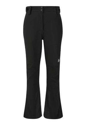 Svarta vattentäta skidbyxor med en utsvängd design, som har blixtlåsfickor, en slät yta och knäppning i midjan.