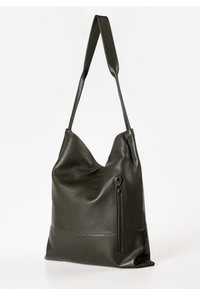 Olijfgroen leren schoudertas met een gestructureerd oppervlak, een slouchy ontwerp, een ritsvak aan de zijkant en een brede schouderband.