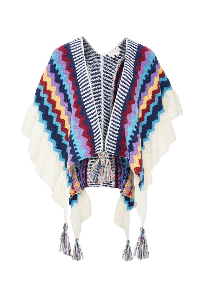 Poncho lavorato a maglia con motivo zigzag multicolore, orli bianchi arricciati e cinque nappine multicolori pendenti dall'orlo.