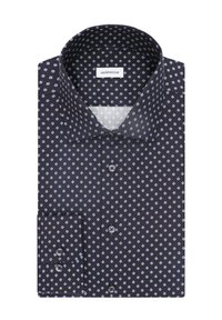 Donkerblauw shirt met een patroon van diamanten in lichter blauw en wit. Voorzien van een klassieke kraag en een knoopmanschette.