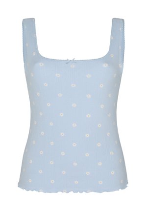 Light blue sleeveless knit top with small white and yellow daisy prints and a tiny bow at the center neckline.