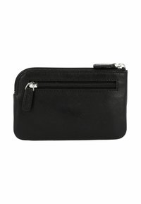 Portafoglio in pelle nera con finitura testurizzata, dotato di chiusura a zip e di una tasca esterna con zip. Forma rettangolare compatta.