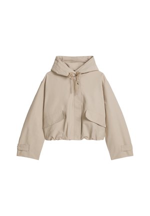 Μπεζ κοντή μπουφάν με κουκούλα, εμπρόσθιες τσέπες, ρυθμιζόμενο κορδόνι στην κουκούλα, κούμπωμα με κουμπιά snap και μακριά μανίκια με λεπτομέρειες από λουράκια.