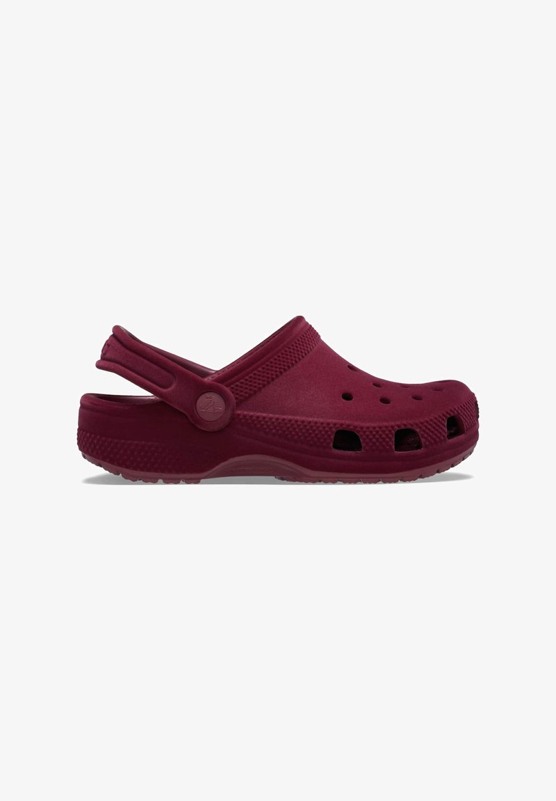 Maroon clogs made of flexible material, featuring ventilation holes, a back strap, and a textured sole for grip and comfort.