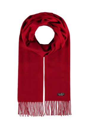 Roter Schal aus weichem Material, mit schlichtem Design, langen Fransen an den Kanten und einem kleinen Markenetikett in der unteren rechten Ecke.