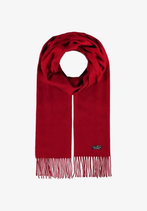 Sciarpa rossa realizzata in materiale morbido, con un design semplice, lunghe frange ai lati e un piccolo etichetta con il marchio nell'angolo in basso a destra.