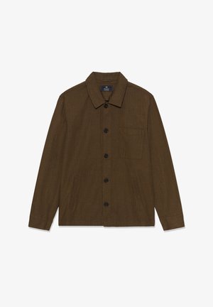 Pruun nuppudega jakk, mis on valmistatud tekstuursetest kangast, millel on krae, esipnöörid ja rinnaesine tasku. Sisaldab kahte külgtaskut.