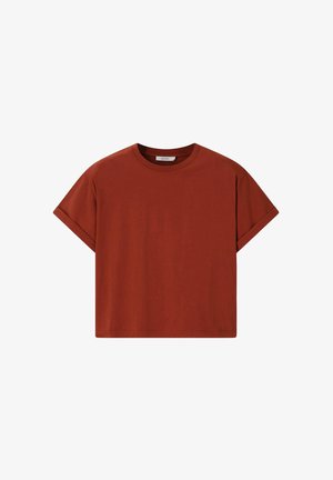 Rust-colored short-sleeve t-shirt with rolled cuffs, crew neckline, and straight hem, displayed on a plain white background.