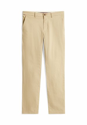 Beige Baumwollhose mit geradem Schnitt, ausgestattet mit Seitentaschen, einem Knopfverschluss und feinen Nähdetails.