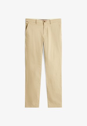 Beige katoenen broek met een rechte pasvorm, voorzien van zijzakken, een knoopsluiting en subtiele stikseldetails.