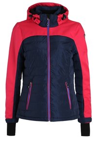 Padded jacket z granatowym korpusem i różowymi akcentami, z zamkiem błyskawicznym z przodu oraz kapturem. Zawiera dwie kieszenie na zamek błyskawiczny oraz elastyczne mankiety.