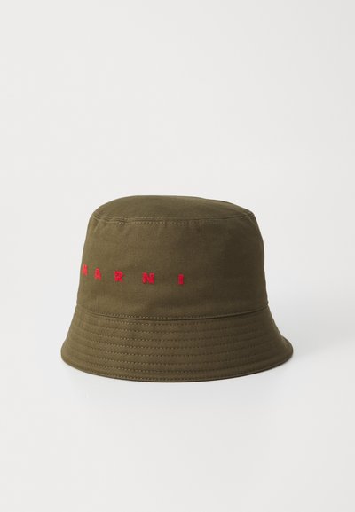 Green cotton bucket hat with red embroidered "MARNI" lettering, featuring a wide, flat brim and textured fabric.