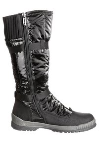 Botas negras hasta la rodilla con un upper acolchado brillante, elástico en la parte superior, cremallera en la parte delantera y suela de goma texturizada.