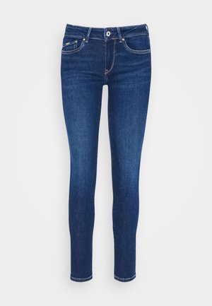 Dunkelblaue Skinny Jeans aus Denim, mit einer mittelhohen Taille, fünf Taschen und dezenten Nähakzenten.
