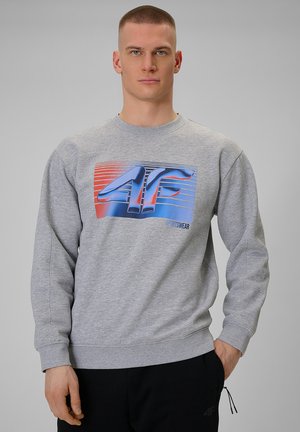 Młody mężczyzna z krótkimi włosami w szarej bluzie z niebiesko-czerwonym logo 4F Sportswear, stojący na tle jednolitego szarego tła.