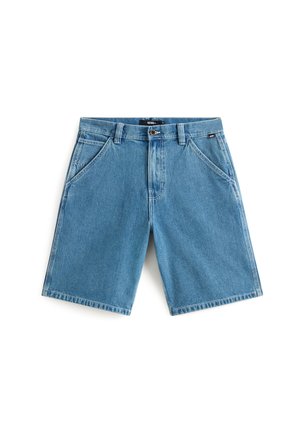 Blauwe denim short met zijzakken, riemlussen, knoopsluiting en Vans merklabel op de tailleband en zijkant.