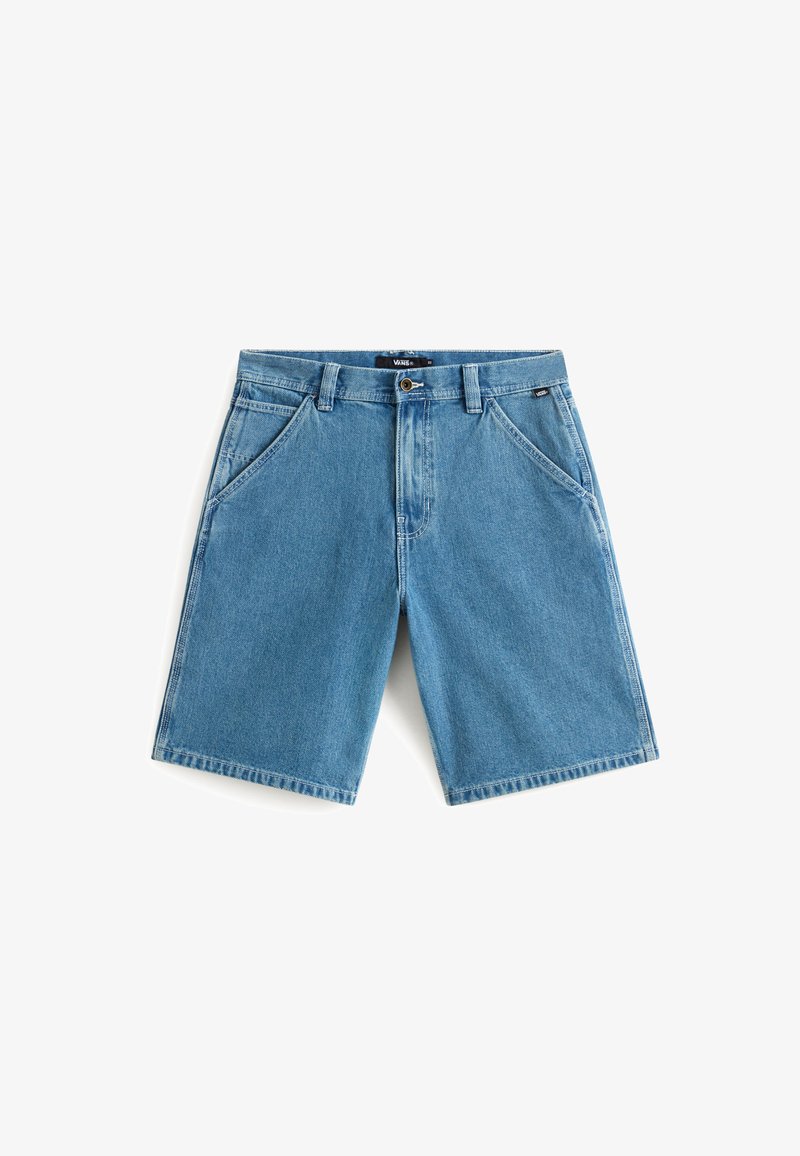 Siniset farkkushortsit etutaskuilla, vyölenkeillä, nappikiinnityksellä ja Vans-merkkilaballa vyötäröllä ja kyljessä.