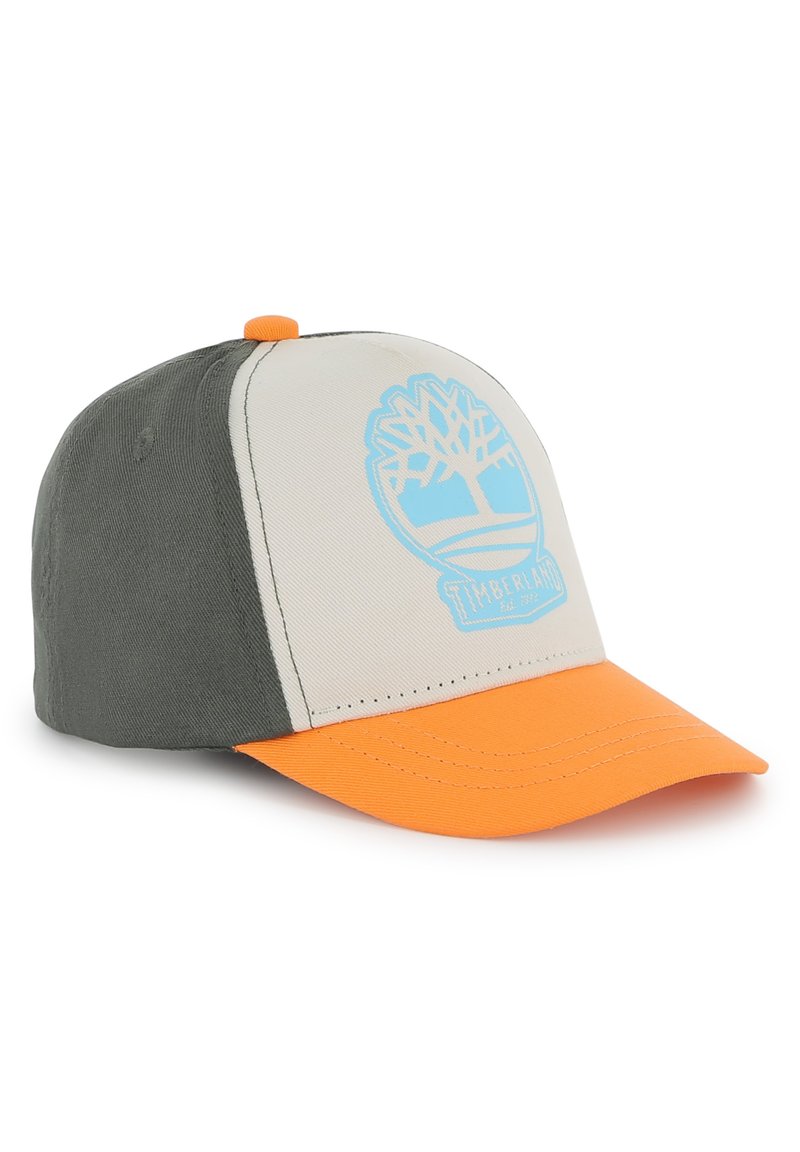 Casquette de baseball grise, beige et orange avec un logo d'arbre bleu à l'avant, dotée d'un bord arrondi et d'un tissu texturé.