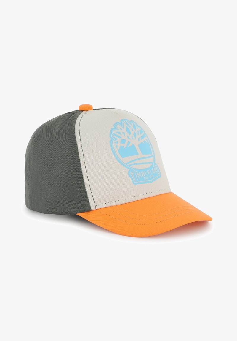 Casquette de baseball grise, beige et orange avec un logo d'arbre bleu à l'avant, dotée d'un bord arrondi et d'un tissu texturé.