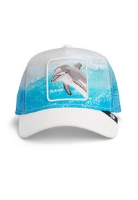 Casquette blanche et bleue avec un motif de vague océanique et un écusson brodé de dauphin avec l'inscription "PLAYER" à l'avant.