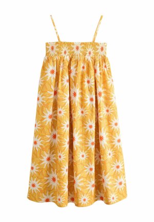 Sárga nyári ruha fehér és narancssárga napsugár mintával, spagetti pántokkal és begyűrt elasztikus felső résszel.